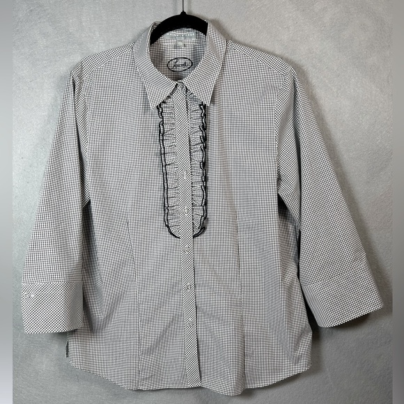 Foxcroft Tops - Foxcroft Black/White Gingham Ruffle 3/4 Sleeve Button Down Women’s Shirt Size 16